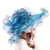 Chapeaux à bord large chapeau seau FS 2024 Fashion Summer Organza Kentucky Derby Chapeaux pour femmes Élégantes dames larges grand chapeau de mariage de l'église Brim avec Big Flower Y240426