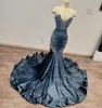 플러스 크기 아랍어 ASO Navy Blue Mermaid Prom Dreess Beded Crystals Velvet 저녁 공식 파티 두 번째 생일 약혼 리셉션 가운 ZJ334