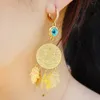 Oman munt oorbellen Arabische moslim goud kleur kristal cirkel drop oorbellen vrouwen religieuze islam islamitische hamsa hand sieraden 240410