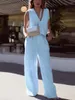 Kadınlar İki Parçalı Pantolon Kadınlar Çıkıyor 2 Kıyafet Kolsuz V Boyun Düğmesi Yelek Geniş Bacak Takım Sıradan Blazer Suits Sokak Giyim