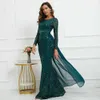 Robes de piste Yidingzs Elegant Long Slve Sequin Night Robe Grn Party MAXI Robe avec mousseline détachable