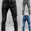 Männer Slim Biker riss lange Denimhose Skinny Jeans Taschenbänder und Reißverschlüsse Männliche Jogginghosen zerstört 240420