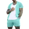 Men's Tracksuits Trendy Pure Color Knitted Mens Two Piece Sets Sexy Transparent Mesh Shirt And Shorts Beach Suits Men 2024 Summer Casual