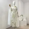 Casual jurken Hoge kwaliteit 2024 Gracieuze vrouwen Witte bloemen Mangnolia Print lange mouw Silk Linnen Midi Shirt Jurk voor vakantie