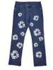 Heren jeans heren denim rechte broek high street losse fit print wassen midden taille zakken rits enkellengte casual 2024