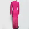 Hot Pink Women Ladies Bandage Elegant Tassel Dresses Long Sleeve Bodycon Long Dress Wholesale Free Ship HL3115