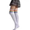 Chaussettes de femmes Breffant cuisse hautes basses de mode Rainbow bandes Soft Shaping Non glissement sur la femelle du genou
