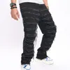 Men's Jeans HipHop Stacked Spliced Biker Stylish Men Street Loose Cotton Solid Male Straight Denim Pants