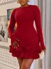 Casual Dresses 2024 Sexy Slim Fit Solid Color Long Sleeved Round Neck Patchwork Ruffled Mini Dress Plus Size Women's Elegant Evening Club