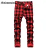 Мужские джинсы Красная клетка для мужчин High Street Vintage Pullline Pants Slim Hip Hop Strectwear Уличная уличная одежда Y2K. Случайные хлопковые брюки