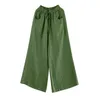 Spodnie damskie Capris Summer High talia Palazzo Women Casual szerokie spodnie z kieszeniami Plus Size Pocket Spods Bawełniane spodnie Lniane Y240429