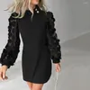 Robes décontractées élégant robe ronde rond à paillette à manches longues avec une taille serrée à demi-haut pour la mode féminine d'hiver automne