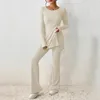 Women's Two Piece Pants Knit Matching Outfits Fashion Solid Color Crew Neck Slit Hem Tee And Tracksuit Sets Comfy Home Wear