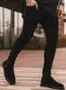 남자 청바지 새로운 디자인 빈티지 남성 패션 슬림 핏 바지 검은 사이드 스트라이프 데님 바지 힙합 스트리트웨어 크기 32 34 Q240427