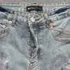 Paarse merk jeans shorts street trend heren raw rand inkt splatter verf midden broek stretch skinny fit gat patch denim 240415