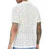 Mens kortärmad ihålig spetsskjorta Single Breasted Lapel Perspective Shirt Top 240428