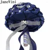 Hochzeitsblumen Janevini 24cm Marine Royal Blue Blumenstrauß mit Kristallschmuck Luxus Perlen Diamant Satin Rose Braut Fleur Mariage