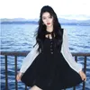 Casual Dresses Canary Velvet Long Sleeve Black Dress High Waist A-line Short Splice Gauze French Style Round Neck Autumn Mini