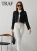 Traf Woman Black Fashion avec volets Cropped Blazer manteau femelle Vintage Neck Col à manches longues Cropwear Chic Tops 240423