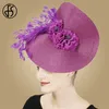 Breite Krempeln Hüte Eimer Hüte fs gelber Stroh Big Fedora Hüte Frauen gelbe Derby Feder Blumenkirche Faszinator für Hochzeitshasse Cocktail Braut Accessoires Y240426