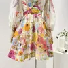 Casual Dresses Fashionable Summer Women Trendy Silk Linen Multicolor Floral Long Sleeve V Neck Diamonds Stretchable Shirred Lady Mini Dress