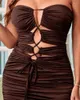 Casual Dresses 2024 Ninimour Women Lace-up Ruched Chocolate Bodycon Tube Dress Off Shoulder Mini Party Sexy Robes Summer Clothes