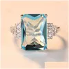 Wedding Rings Fashion Female Big Water Blue Stone Ring Cute Sier Color Crystal Zircon Promise Engagement For Women Drop Delivery Jewe Dh2Hw