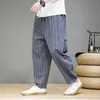 Men's Pants Fashion striped mens casual pants loose cotton linen Chinese style wide leg sports long Q240429