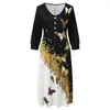 Lässige Kleider Frauen Mode elegante Positionierung Schmetterling bedrucktes Midi -Kleid gegen Hals Langarmknopf Lose Swing Party