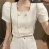 Koreanic Chic Cropped Jacket Pearls DoubleBreasted Short Sleeves Tops Square Kragen Tweed Crop Top Shirts Sommer Blazer Mujer 240417