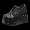 Casual Shoes Plus Size 42 Leather With Thick Soles 10CM Heels Super High Patent Front Lace Up Sponge Sole Punk