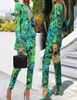 Autumn Women Pant Suits Green Jungle Print Blazer Vintage Streetwear långärmad kappa och hög midjebyxa 2 -stycken Set1450211