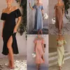 Basic Casual Dresses Designer Jurk Casual dames solide satijnen korte mouw sexy één lijn nek geplooide jurk