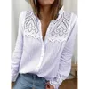 Women's Blouses Shirts Casual Patchwork Lace Shirt Long Slve Stand Collar White Blouse Single Breasted Hollow Tops Elegant Fashion 29363 Y240426