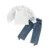 Ensembles de vêtements Baby Kid Girls Pantals Set T-shirt Patchwork à manches longues avec un jean à fente de perle tenue d'automne