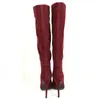 Boots Fashion Women't Shoes Pointed Toe High Heels Knee Wine Red Faux Suede Ladies Winter Autumn Party Outfit Footwear Pull On