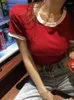 Dames t shirts korte mouw crop top o-neck t-shirt henley blouse stevige kleur geribbeld casual casual