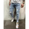 Herr jeans smal rippade nödställda byxor för män hip hop knä hål hög gata manlig stretch denim byxor ljusblå