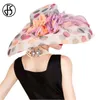 Brede rand hoeden emmer hoeden fs zomer Britse stijl fascinator organza hoed voor vrouwen roze zwarte dame grote brede zwanger trouwhoed met bloem chapeu feminino y240426