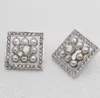 Luxury quality charm square shape stud earring brooch with diamond and white nature shell beads in silver plated have stamp box PS3524B