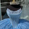 Sky blauw van de schouder Quinceanera -jurk voor zoete meid lovertjes kristal Tull Graduatin Party Rom Dress Vestidos de 15 anos