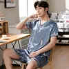 Summer Mens Pajamas Silk Satin Pullover Shorts Two Piece Set Sleepwear Male Pajama Home Clothes Nightwear Men Sleep Lounge 240428