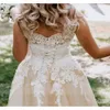 Linia szampana ogrodowa sukienka ślubna z tyłu v szyi koronkowe aplikacje ślubne suknie ślubne vestido de novia ppliques estido