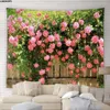 Tapestries Garden Flowers Tapestry Pink Rose Fence Floral Green Plants Nature Scenery Home Living Room Dorm Decor Courtyard Wall Hanging