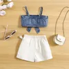 1-6y kinderen meisjes zomerkleding set baby spaghetti riem bowknot denim tops shorts rokken kinderen mode-outfits 240429