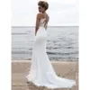 Vestidos de gasa de encaje playa 2020 apliques boho sirena botones cubiertos de barrido trenes de barrido bateau escote illusion boded de novia de novia