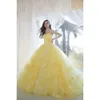Neckline Gorgeous Sweetheart Quinceanera Strapless Dresses Yellow Handmade Flower Tulle Custom Made Sweet 16 Birthday Party Formal Ball Gown