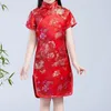 Casual Dresses Girls Chinese Year Short Sleeved Peony Flower Qipao Retro Button Cheongsam Elegant Dress Standing Collar Children's