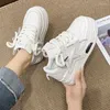 Casual Shoes 2024 Spring skórzana deskorolka Kobiet Lace Up Platform Wedge ukryty pięta Chunky Sneakers White Pink