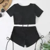 Kadın Mayo Bikini Seti Black Drawstring Mujer 2024 Mahsul Top Şort Alt Mayo Kadın Seksi Mayo Sahibi Beach Giyim Yüzmek